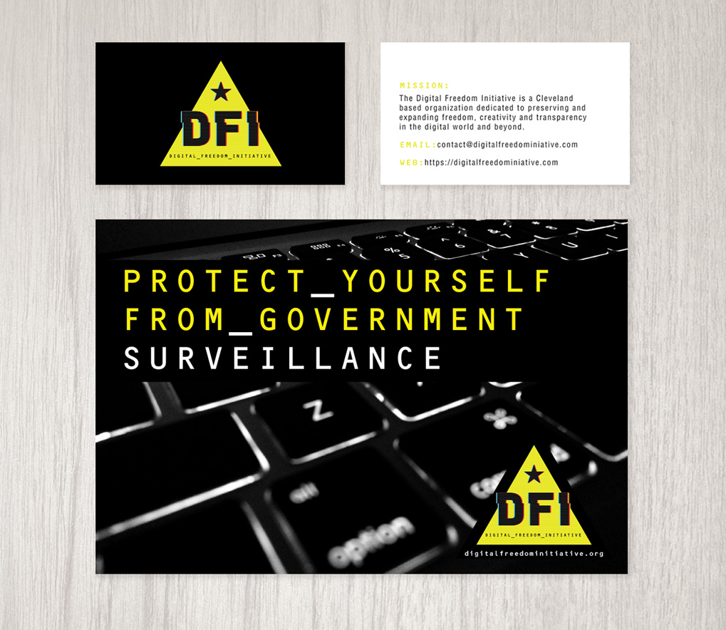 Digital Freedom Initiative business card front and back and postcard design