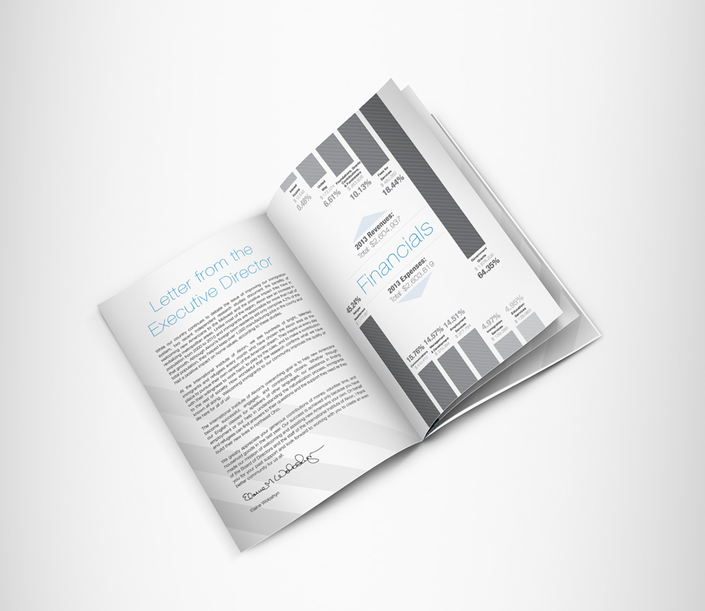 Internal spread design for the International Institute of Akron 2013 annual report